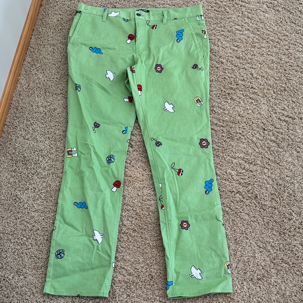 A-Lab Pen Pals Green Twill Pants, Funky Fun Conversational Character, Mens sz 31